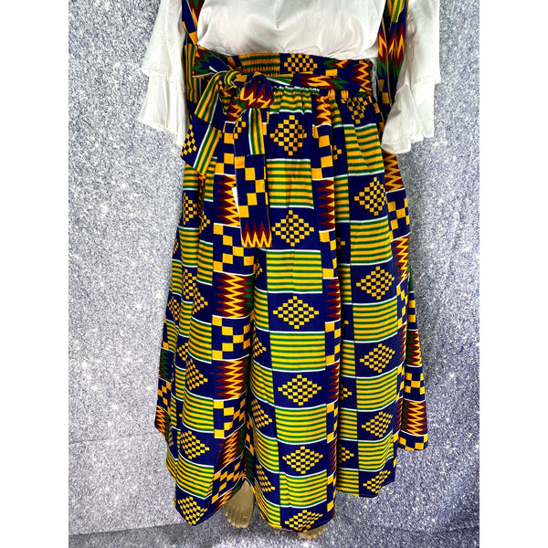 Maxi Skirt - Aztec Blue Kente - Ankara African print maxi skirt with matching headwrap - Afrocentric Boutique