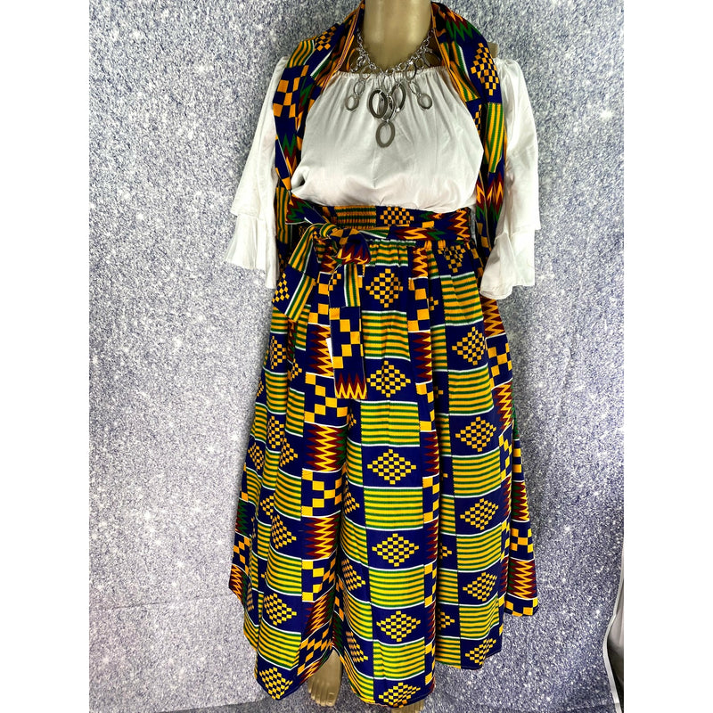 Maxi Skirt - Aztec Blue Kente - Ankara African print maxi skirt with matching headwrap - Afrocentric Boutique