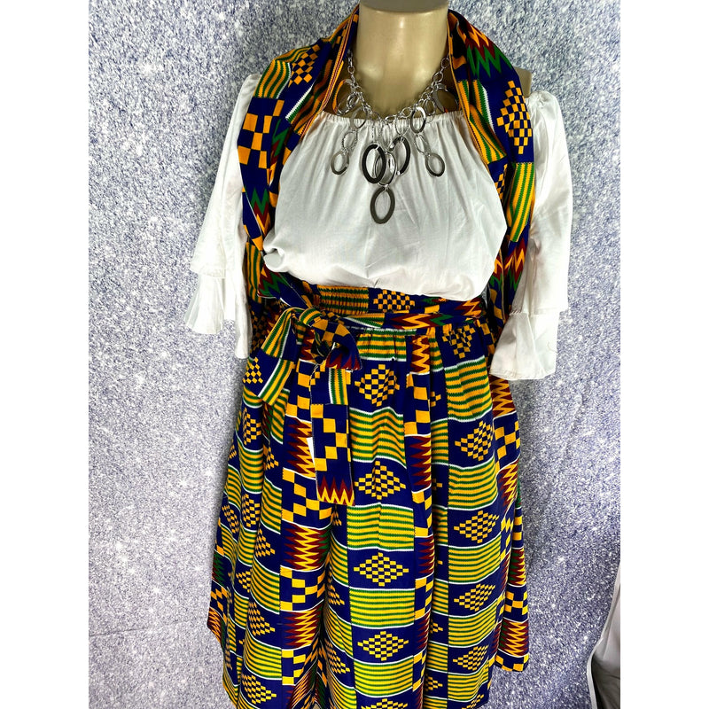 Maxi Skirt - Aztec Blue Kente - Ankara African print maxi skirt with matching headwrap - Afrocentric Boutique