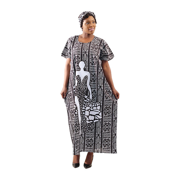 Kaftan- Black and White - African Lady on Mud cloth Print with Matching Head Wrap - Afrocentric Boutique