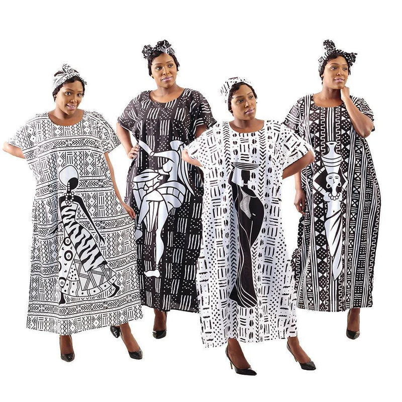 Kaftan- Black and White - African Lady on Mud cloth Print with Matching Head Wrap - Afrocentric Boutique