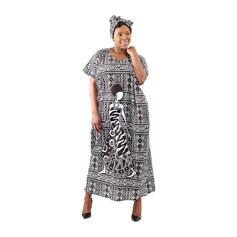 Kaftan- Black and White - African Lady on Mud cloth Print with Matching Head Wrap - Afrocentric Boutique