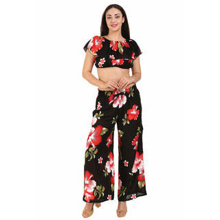 Black Floral Crop Top & High Split Pants Set