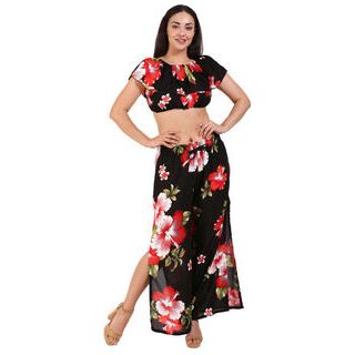 Black Floral Crop Top & High Split Pants Set