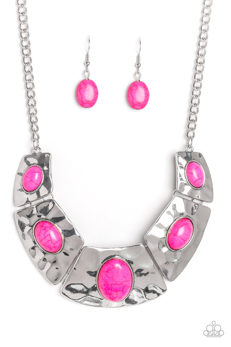Pink Silver Stone, Hammered Plate Necklace and Earring Set