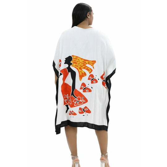 Kaftan - African Lady walking on Butterflies Print Kaftan with Matching Head Wrap - Afrocentric Boutique