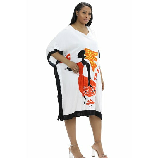 Kaftan - African Lady walking on Butterflies Print Kaftan with Matching Head Wrap - Afrocentric Boutique
