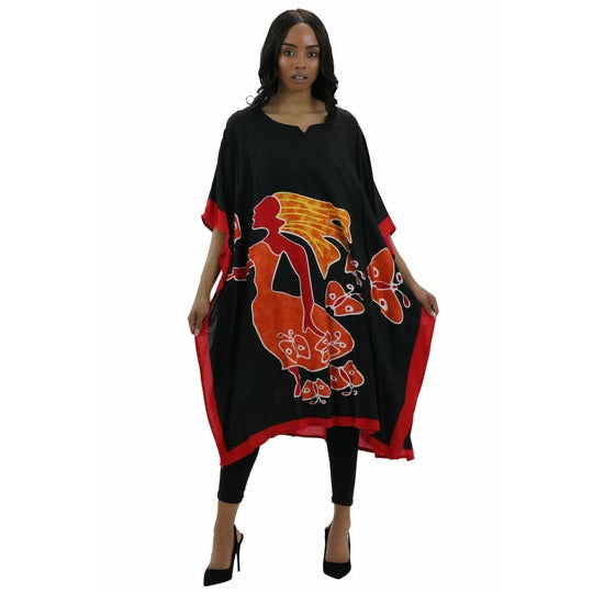 Kaftan - African Lady walking on Butterflies Print Kaftan with Matching Head Wrap - Afrocentric Boutique