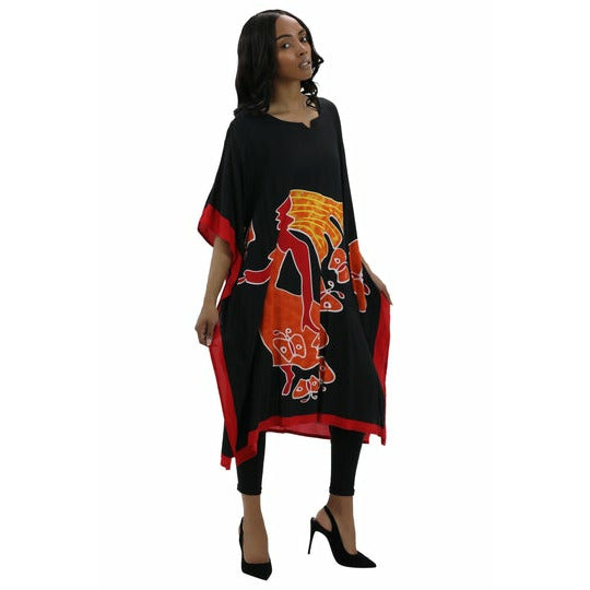Kaftan - African Lady walking on Butterflies Print Kaftan with Matching Head Wrap - Afrocentric Boutique