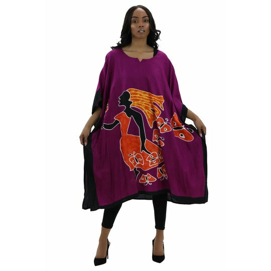 Kaftan - African Lady walking on Butterflies Print Kaftan with Matching Head Wrap - Afrocentric Boutique
