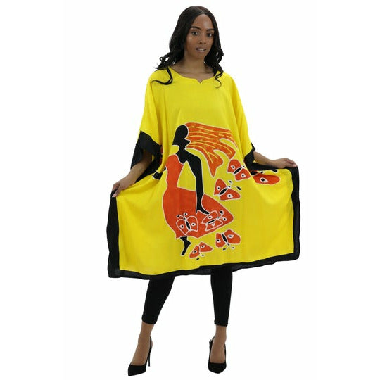 Kaftan - African Lady walking on Butterflies Print Kaftan with Matching Head Wrap - Afrocentric Boutique