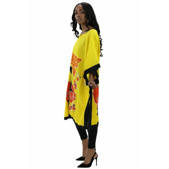 Kaftan - African Lady walking on Butterflies Print Kaftan with Matching Head Wrap - Afrocentric Boutique