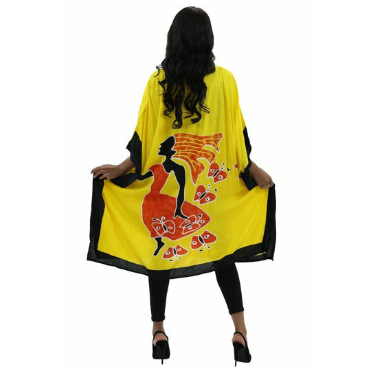 Kaftan - African Lady walking on Butterflies Print Kaftan with Matching Head Wrap - Afrocentric Boutique