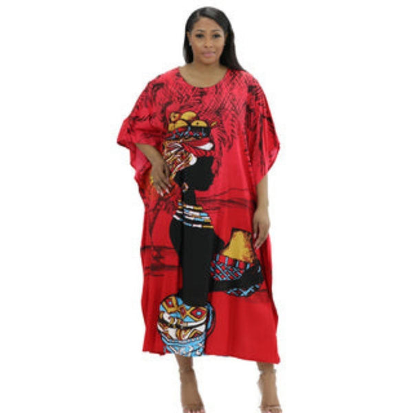 Kaftan - African Lady Print Kaftan with Matching Head Wrap - Red - Afrocentric Boutique