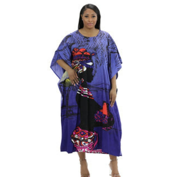 Kaftan - African Lady Print Kaftan with Matching Head Wrap - Blue - Afrocentric Boutique