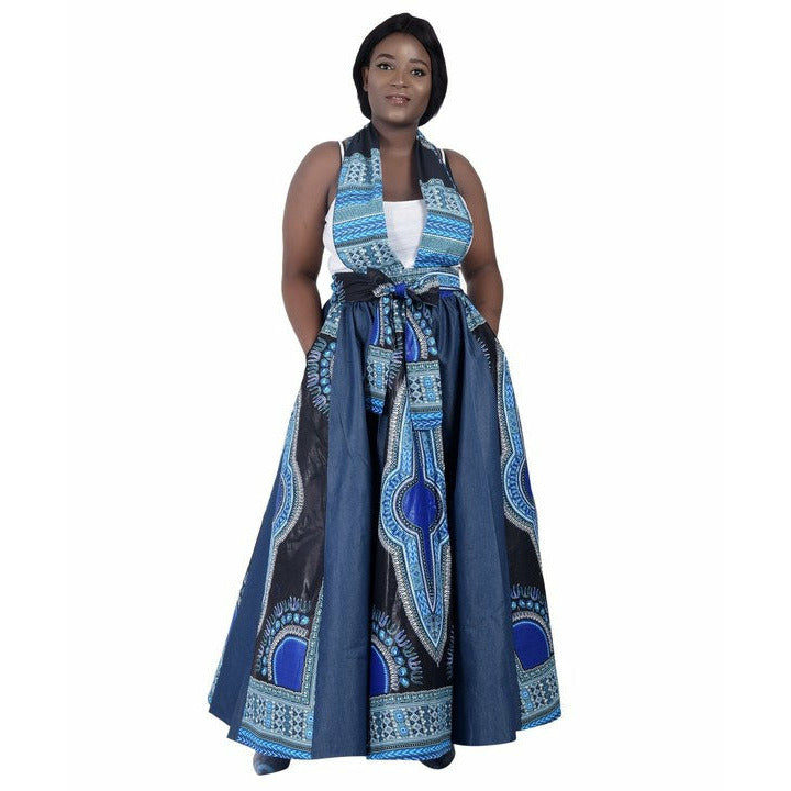 Maxi Skirt - Denim and Ocean Blue Dashiki print Maxi Skirt with matching head wrap - Afrocentric Boutique