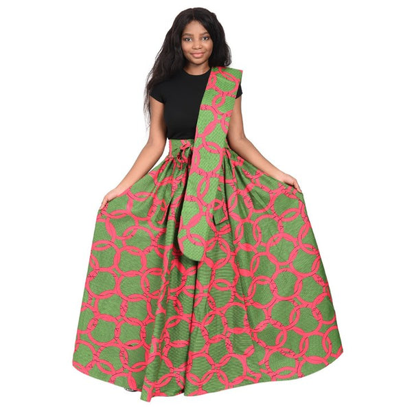 Pink and Green unity - Ankara African print Maxi Skirt with matching headwrap  