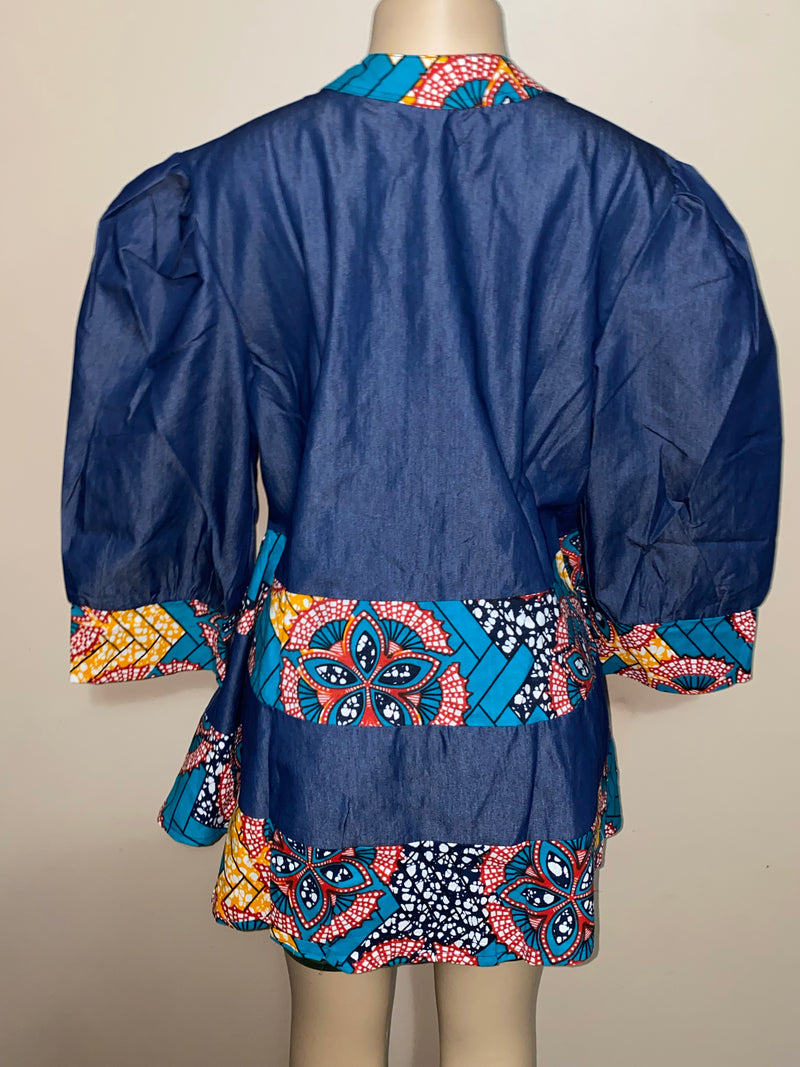 Coat - Reshi Denim and Ankara peplum zip front jacket - Afrocentric Boutique