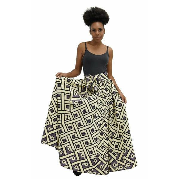 Maxi Skirt - Geometric Grey and Cream - Ankara Maxi Skirt with Matching Head wrap