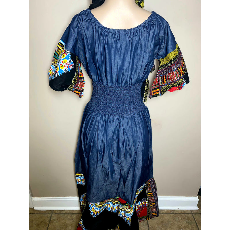 Dress Maxi- Denim and Dashiki Ruffle bottom Maxi Dress with matching head wrap