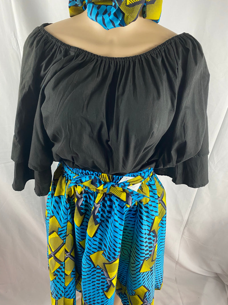 Midi Skirt - Blue and Yellow- Ankara African print Midi Skirt with matching headwrap - Afrocentric Boutique