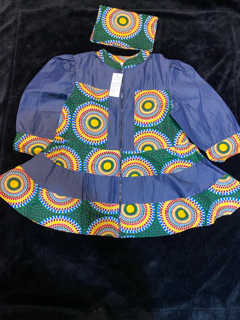 Coat - Reshi Denim and Ankara peplum zip front jacket - Afrocentric Boutique