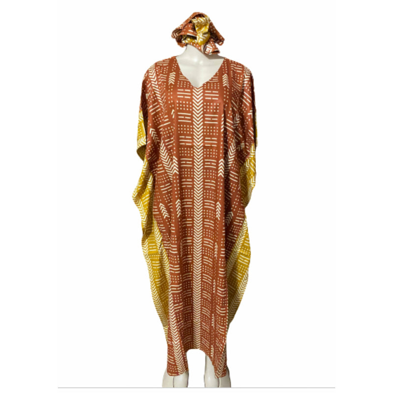 Kaftan - Mud Cloth Print with matching head wrap - Afrocentric Boutique