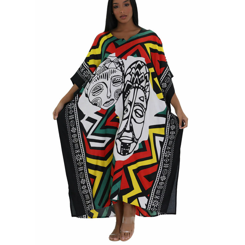 Kaftan- African Abstract African Faces Print Kaftan