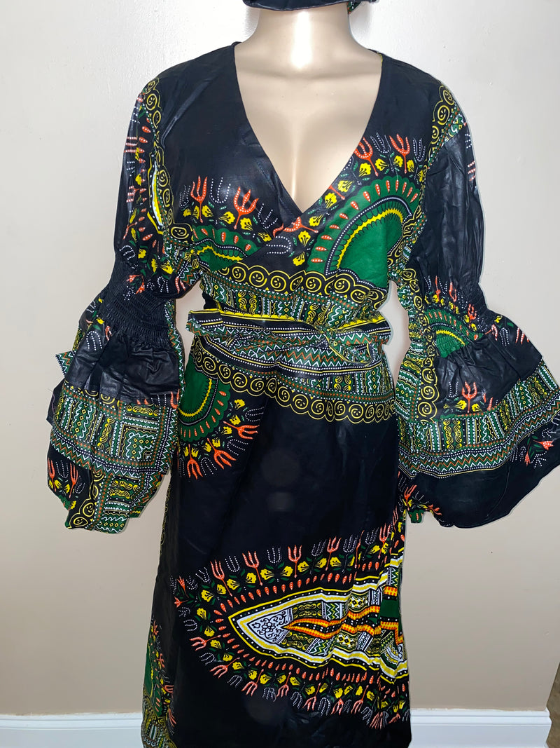 Dress Ankara - Ruffled Sleeve Dashiki print Maxi Wrap dress with matching Head Wrap