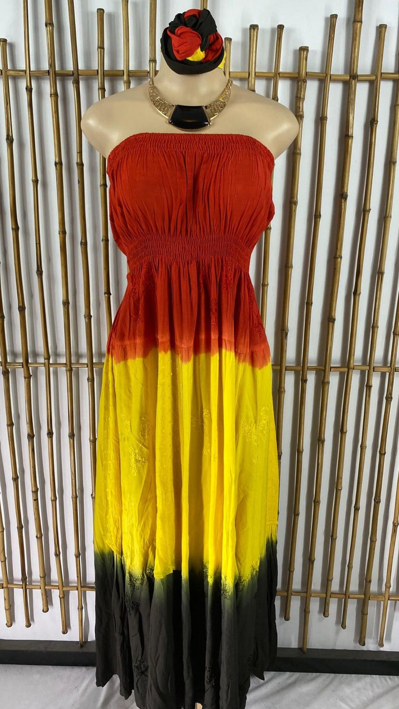Rasta Dress - Rasta sleeveless Sun Dress - Red/Yellow/Black -with Matching Head Wrap - Free size and plus free size