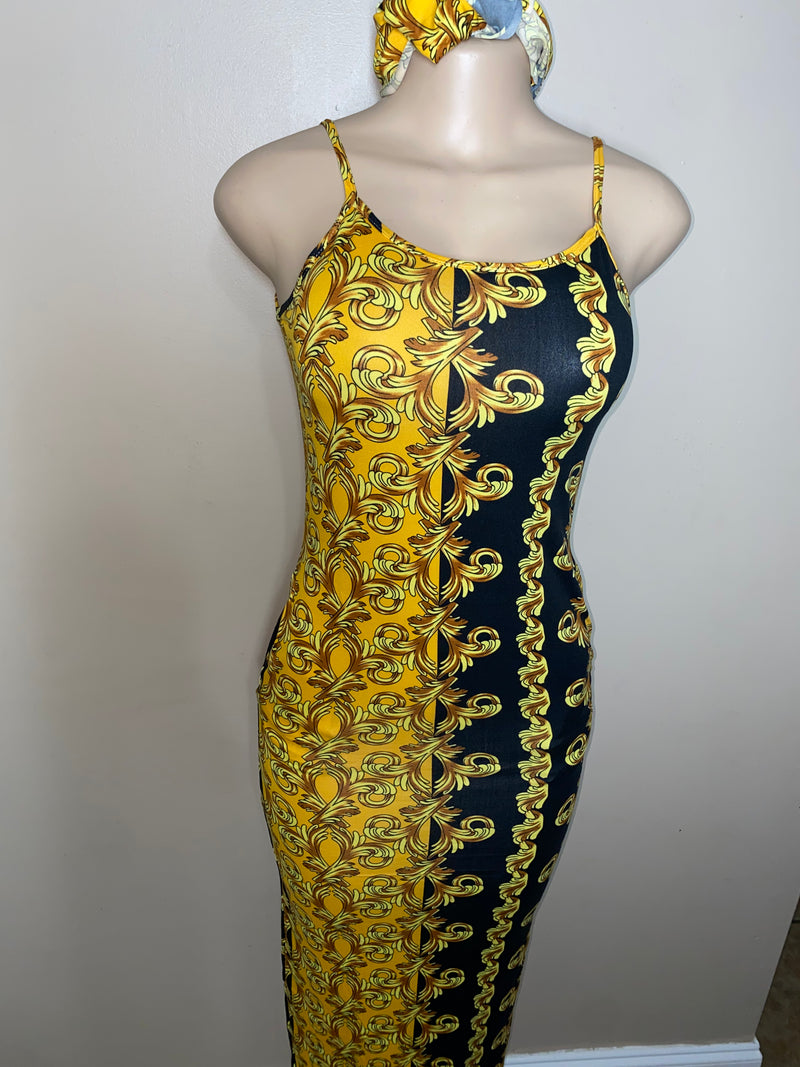 Dress- Bodycon- Golden Frills Maxi Dress with Head wrap