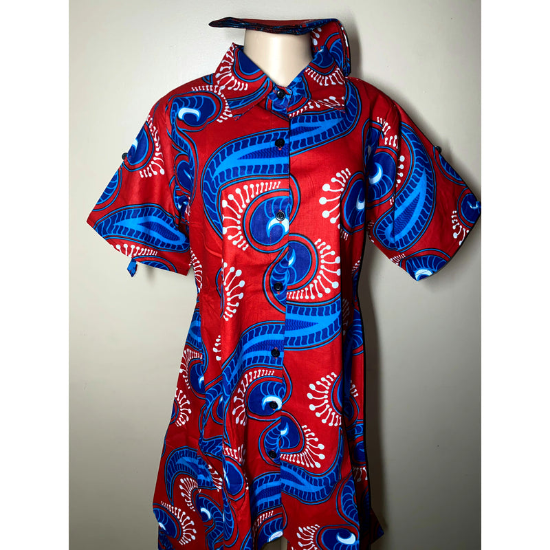 Dress Hi/Lo - Ankara Hi/Low Shirt Dress with matching head wrap/Waist Tie