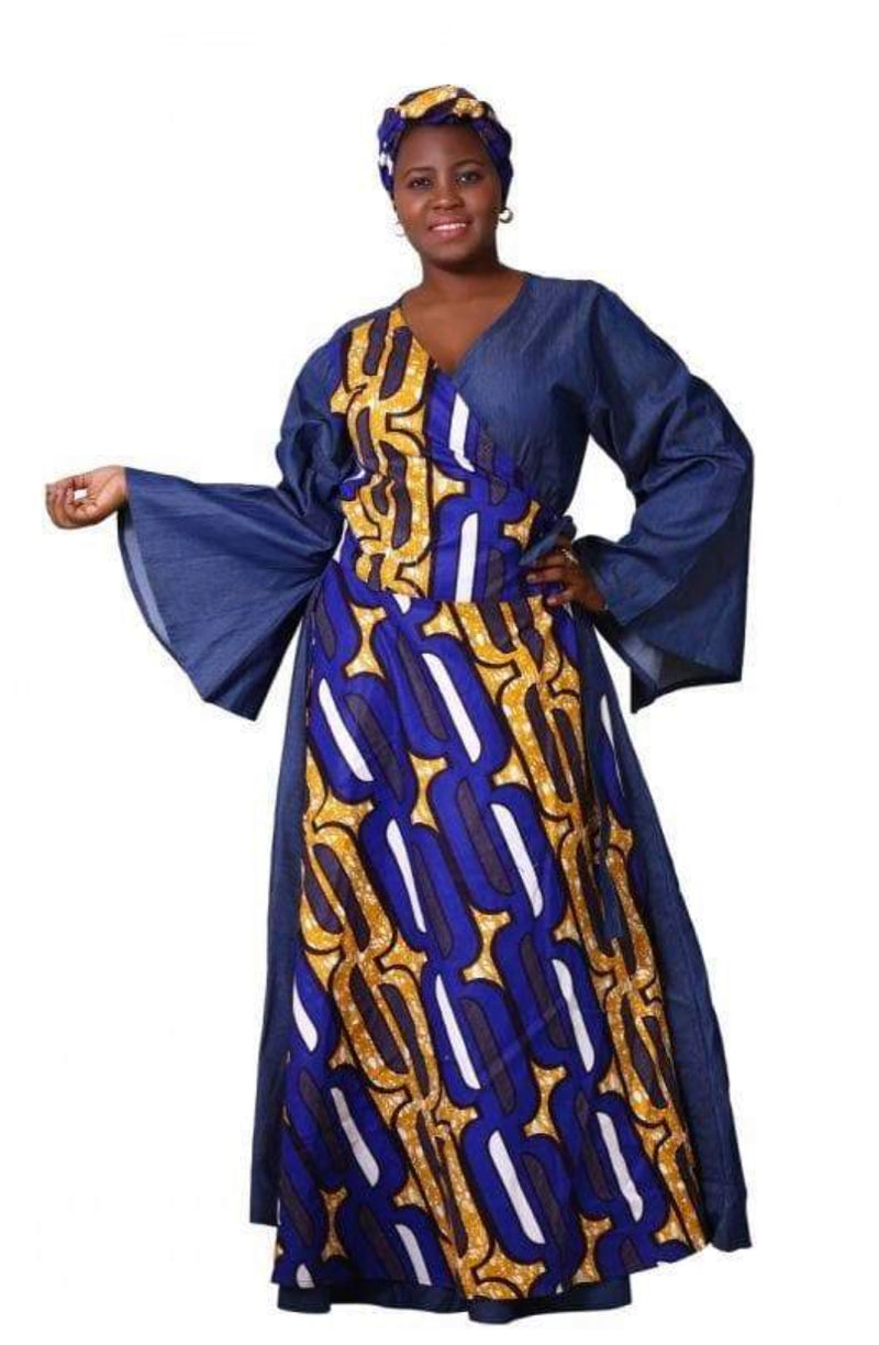 Dress Maxi - Denim Maxi Wrap Dress with Belle Sleeves and matching head wrap