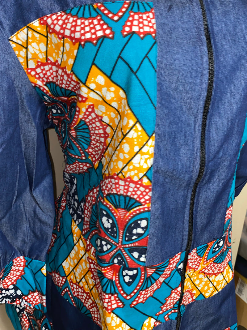 Coat - Reshi Denim and Ankara peplum zip front jacket - Afrocentric Boutique