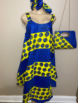 Dress Ankara - African Print Loose Fit umbrella Dress with Matching Headwrap and Purse - Afrocentric Boutique