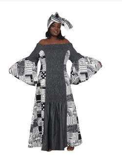 Dress - Ankara/ Denim- Mermaid Full length Dress with Belle Sleeves and matching head wrap