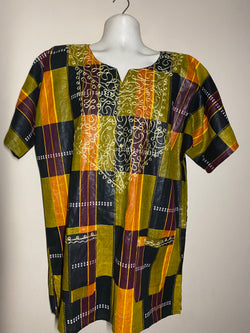 Men’s Top- Kente Block Print Short sleeve with gold embroidery - Afrocentric Boutique