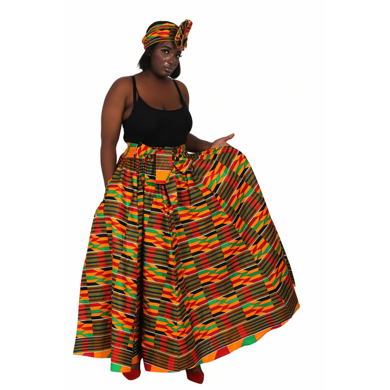 Maxi Skirt - Kente Squares - Ankara African print Maxi Skirt with matching headwrap