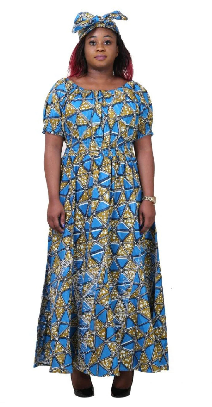 Dress - Maxi Dress - Peasant Style Ankara Dress with matching headwrap