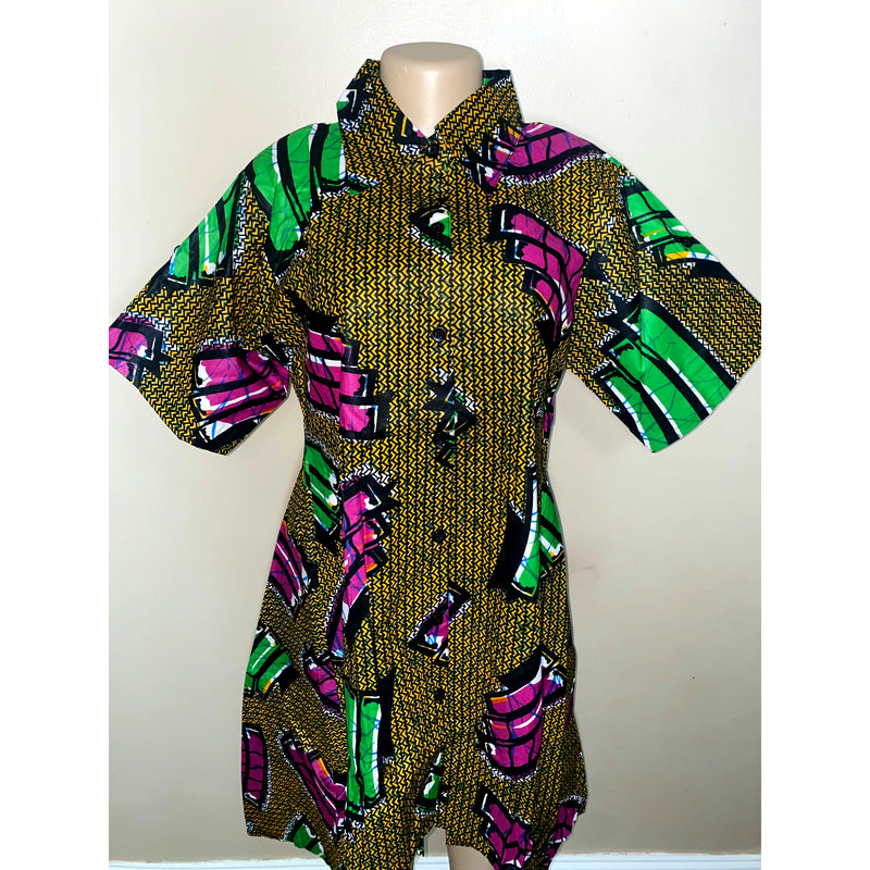 Dress Hi/Lo - Ankara Hi/Low Shirt Dress with matching head wrap/Waist Tie