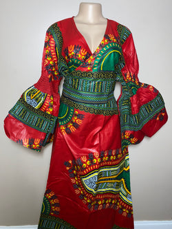 Dress Ankara - Ruffled Sleeve Dashiki print Maxi Wrap dress with matching Head Wrap