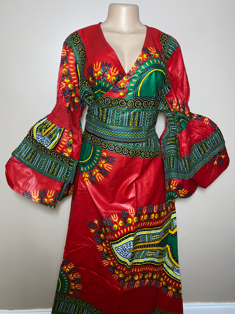 Dress Ankara - Ruffled Sleeve Dashiki print Maxi Wrap dress with matching Head Wrap