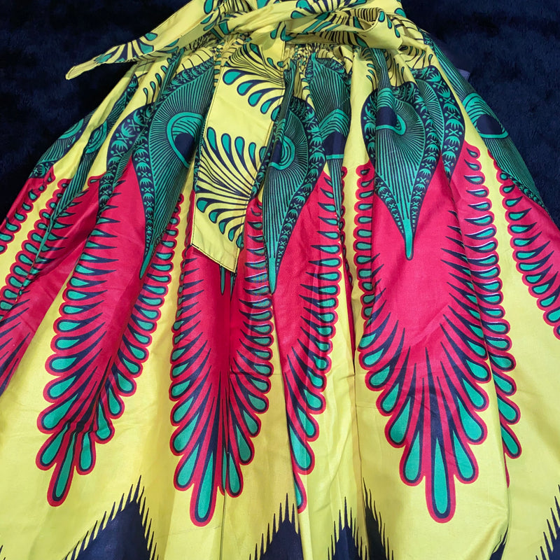 Midi Skirt - Peacock Flair Ankara print with matching Head Wrap