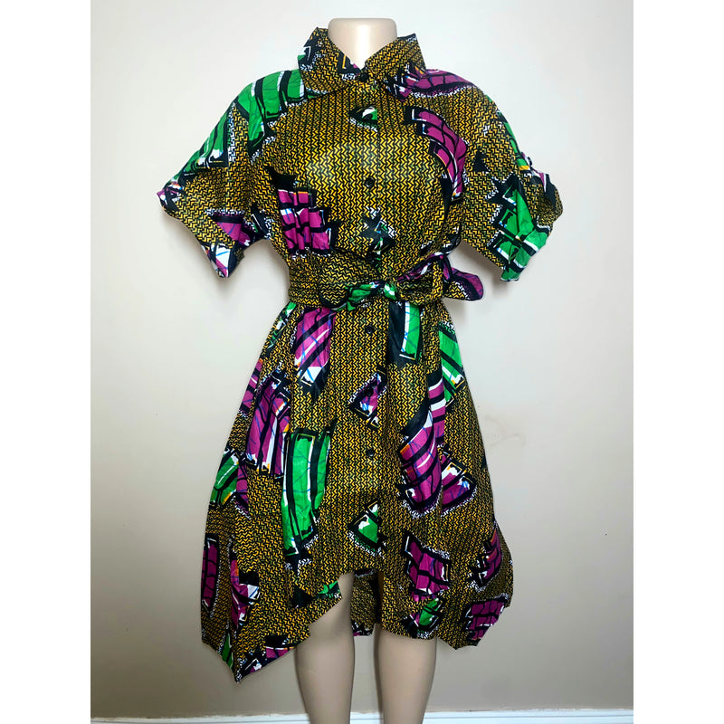 Dress Hi/Lo - Ankara Hi/Low Shirt Dress with matching head wrap/Waist Tie