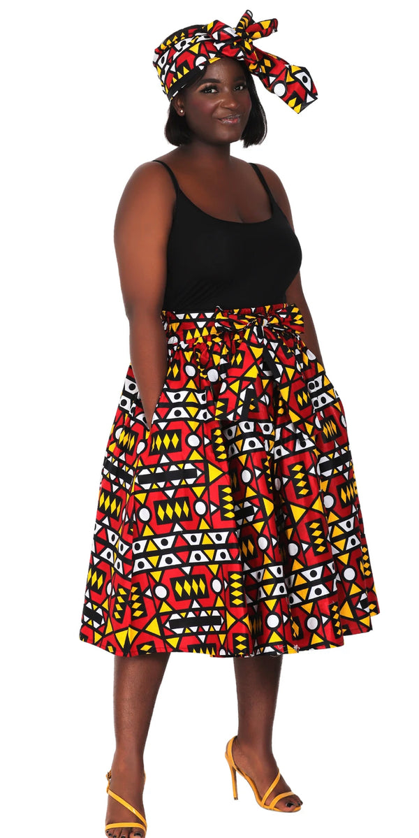 Midi Skirt-Sexy Red- Ankara African print Midi Skirt with matching headwrap