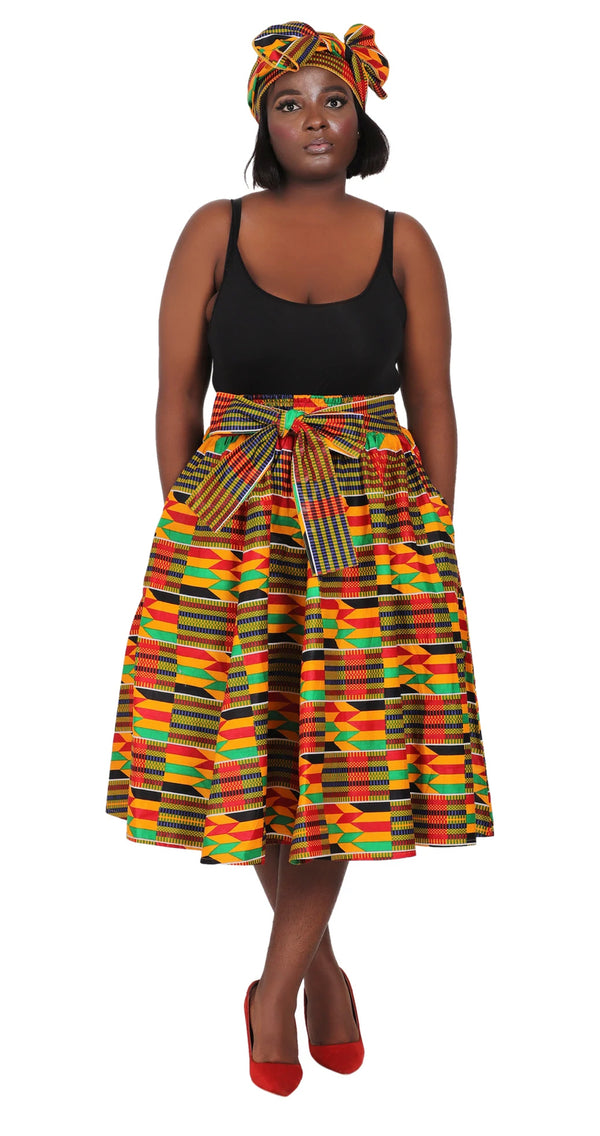 Midi Skirt- Jazzy Kente- Ankara African print Midi Skirt with matching headwrap