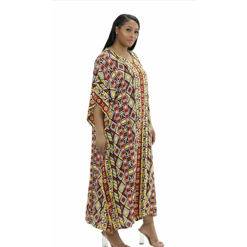 Kaftan - Tribal Mud Cloth Print Kaftan with matching head wrap - Afrocentric Boutique