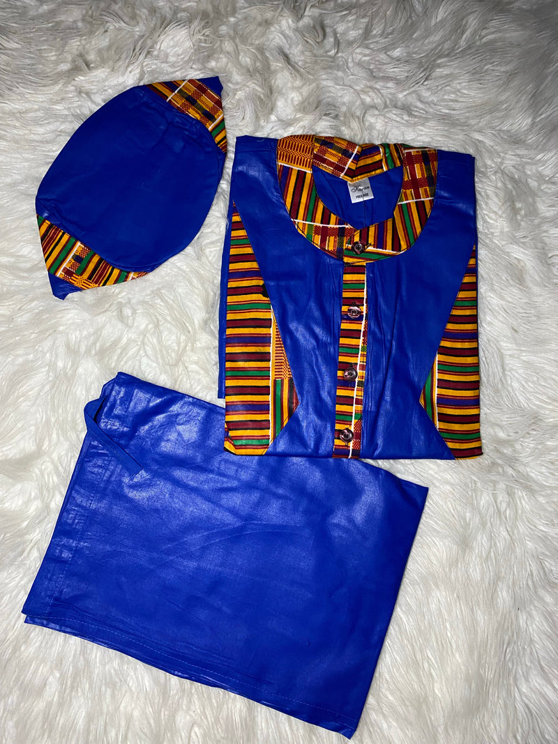 Men’s Set 4445- Kente trimmed 3pc Kurta top Set with Kufi - Afrocentric Boutique