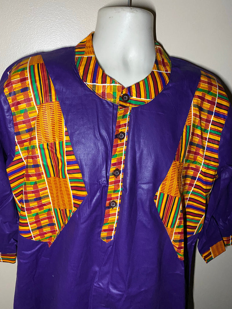Men’s Set 4445- Kente trimmed 3pc Kurta top Set with Kufi - Afrocentric Boutique