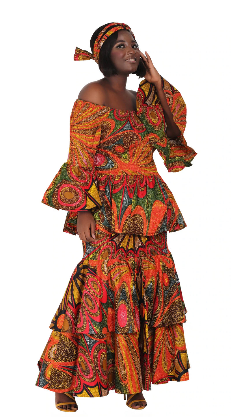 Dress Skirt Set - Belle Sleeve Ankara Skirt Set with head wrap